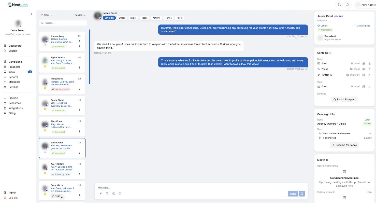 NextLink inbox with every reply from every LinkedIn profile in one place